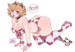 1girls big_breasts bra cow_horns cow_print cowbell female female_only kamii_momoru mario_(series) nintendo panties princess_peach super_mario_bros. thighhighs