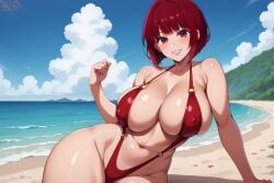 ai_generated arima_kana bare_thighs beach eroero_waifus gigantic_breasts huge_breasts huge_thighs light-skinned_female light_skin looking_at_viewer massive_breasts oshi_no_ko red_eyes red_hair short_hair shounen_jump+ sling_bikini slingshot_swimsuit smiling solo_female squatting sweat sweatdrop thick_body thick_female thick_thighs thighs voluptuous voluptuous_female