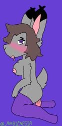 anthro arm_tuft ass big_breasts blush bodily_fluids breasts brown_hair chest_tuft clothing drooling ear_tuft elbow_tuft female footwear fur hair hi_res lagomorph legwear leporid mammal multicolored_body multicolored_fur nipples purple_clothing purple_eyes purple_footwear purple_socks rabbit riding_dildo saliva scut_tail sex_toy short_tail shoulder_tuft simple_background socks solo tail thigh_highs trixie_(ambienesia) tuft