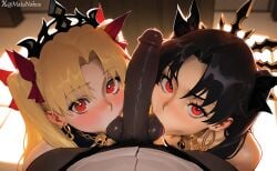 1boy 2girls ai_generated backlighting bare_shoulders black_hair black_ribbon blonde_hair blurry blurry_background blush cooperative_fellatio crown dark-skinned_male dark_skin earrings erection ereshkigal_(fate) fate/grand_order fate_(series) fellatio ffm_threesome from_above furrowed_brow gold group_sex hair_ribbon hoop_earrings indoors interracial ishtar_(fate/grand_order) jewelry large_penis licking licking_penis long_hair looking_at_viewer male_pubic_hair multiple_girls oral parted_bangs penis penis_on_face penis_out pov pov_crotch pubic_hair red_eyes red_ribbon ribbon saliva siblings sisters straight teamwork testicle_sucking testicles threesome tiara tongue tongue_out two_side_up uncensored veins veiny_penis