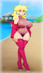 beach blonde_female blonde_hair blue_eyes boots clothed color colored edited female gelato_beach high_heel_boots high_heels high_resolution huge_ass large_breasts latex_boots mario_(series) mikleodeus nintendo nipple_pasties nsfw only_female princess_peach super_mario_bros. super_mario_sunshine thicc thick_thighs thighs