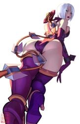 1girls 2024 ass calvinsimsart female female_only high_heel_boots isabella_valentine looking_at_viewer looking_back looking_back_at_viewer purple_lipstick rear_view shaded solo soul_calibur soul_calibur_ii thick_thighs viewed_from_below white_background white_hair