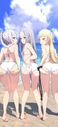 ass ass_focus back back_view bare_arms bare_back bare_legs bare_shoulders bare_thighs barefoot beach bikini blonde_hair blue_eyes blush body_blush booty breasts camui1104 cleavage closed_mouth crossover earrings elf feet frieren grey_hair long_hair monogatari_(series) ocean open_mouth oshino_shinobu outdoors pandora_(re:zero) pointy_ears re:zero_kara_hajimeru_isekai_seikatsu showing_ass small_breasts sousou_no_frieren thighs toes twintails vampire water white_bikini white_hair yellow_eyes