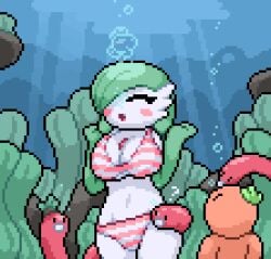 big_breasts bikini bubbles nami_(okami_tomato) okami_tomato pixel_art pokemon pokemon_(species) striped_bikini tomato_(okami_tomato) underwater wholesome wugtrio