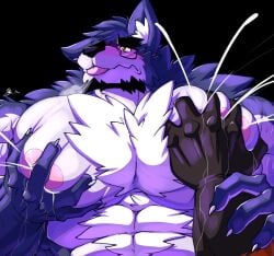 abs biceps body_hair bodybuilder breast_milk chest_tuft furry glasses male_lactation milk muscular nipples original pecs tagme wolf yongdasom