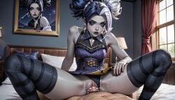 ai_generated bicolored_hair cell_shading cum cum_inside earrings fright_night_series fright_night_zeri_prestige_edition league_of_legends penis prestige_skin riot_games sex straddling thighhighs vaginal_penetration vaginal_sex zeri_(league_of_legends)