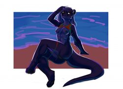 bikini breasts clothing deadcow_(artist) female fur mammal mustelid nipples otter presenting purple_fur reyna_(character) solo swimsuit yellow_eyes