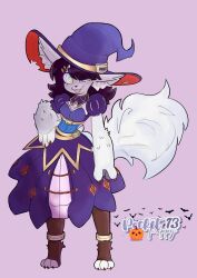 blue_eyes dress furry looking_at_viewer panties paws pocketpuppy13 tongue_out white_fur witch_hat