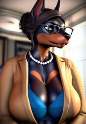 3d ai_generated animal_ears animal_nose anthro black_hair cleavage doberman eyebrows female_focus female_only furry_female furry_focus furry_only glasses green_eyes large_breasts majorfluffy mature_female novelai office_clothing office_lady officewear pearl_necklace solo solo_focus topwear updo