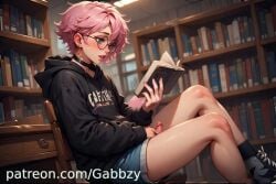 ai_generated black_hoodie blue_eyes choker denim_shorts femboy futanari gay glasses library penis pink_hair reading sititng