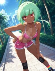 2025 ai_generated belly bikini_under_shorts brown_body brown_skin city_background closed_mouth closed_mouth_smile crunchyroll deviantart elryusam emerald_sustrai female female_only girl_only green_eyebrows green_hair_female hand_on_hip hand_on_leg looking_at_viewer meta mouth_closed pink_bikini pink_shorts rainbow_socks red_cheeks red_eyes_female rwby short_hair_female smile_at_viewer smiling_at_viewer sports_legwear tummy tv_series tv_show white_shoes