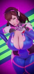 3d 3d_(artwork) abstract_background blender blender_(software) blender_cycles blowing_kiss breasts_bigger_than_head brown_eyes brown_hair cleavage curvy d.va d.va_(overwatch_2) headphones huge_ass huge_breasts self_upload skin_tight solo standing suit wide_hips