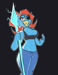 abs alternate_version_available big_breasts blue_skin eddy_spugeddy exposed_stomach eyepatch jeans red_hair sharp_teeth spear tagme undertale undyne