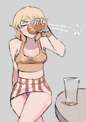 1girls alcohol bella_(biku) biku blonde_hair blush bracelet breasts cleavage closed_eyes crossed_legs drinking drinking_alcohol earrings eyes_closed grey_background have_to_pee navel original panties pantyshot pink_nails purple_panties short_hair simple_background striped_clothing striped_skirt sweat underwear