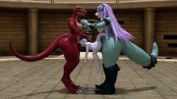 3d anal anal_sex anthro ass big_butt big_penis digital_media_(artwork) dinosaur dominant dominant_female dominatrix female genitals hi_res male male/female male/male nintendo penetration penis pokemon prehistoric_species reptile scalie suicune_queen_(artist) wide_hips