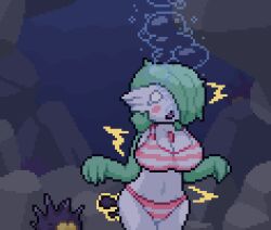 asphyxiation big_breasts bikini bubbles drowning gardevoir nami_(okami_tomato) okami_tomato pincurchin pixel_art pokemon pokemon_(species) striped_bikini stunned unable_to_move underwater