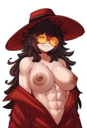 1girls ai_generated alucard_(cosplay) breasts breasts_out brown_areola brown_nipples halloween halloween_costume hismajestyii novelai pale-skinned_female pale_skin seiko_tanaka_(hismajestyii) topless topless_female