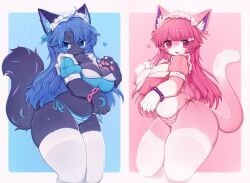 2girls anthro cleavage clothed clothing cute female female_focus female_only fur furry soda_uyu