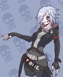 alternate_version_available belt belt_buckle birdb55 black_eyes clothed clothed_female clothing facepaint female female_only fortnite fortnite:_battle_royale fully_clothed fully_clothed_female grimoire_(fortnite) jacket looking_forward sfw sfw_version shiny shiny_skin solo solo_female