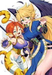 2girls blonde_hair blush breath_of_fire breath_of_fire_ii capcom catgirl claws fangs green_eyes iroyopon katt_(breath_of_fire) nina_(breath_of_fire_ii) one_eye_closed open_mouth red_hair rinpoo_chuan wings