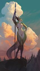 alone argonian arm_above_head arm_up armpit_crease armpits arms_up bare_shoulders black_horns blue_sky bonifasko breasts cloud colored_sclera colored_skin completely_nude female female_focus female_only female_solo forest furry furry_female girl_with_an_oar_(sculpture) hand_on_own_hip highres holding holding_polearm holding_weapon horns lizard lizard_tail multicolored_skin nature nipples nude outdoors outside pine_tree polearm pussy reptile_girl rock sky solo solo_female solo_focus spear standing standing_on_rock tail the_elder_scrolls thighs tree weapon yellow_sclera