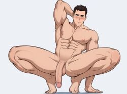 1boy abs armpit avisgents black_hair blush clark_kent clark_kent_(my_adventures_with_superman) large_penis legs_apart my_adventures_with_superman penis presenting solo