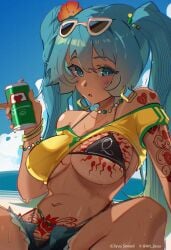 bleached bleached_clothing blue_eyes blue_hair brazilian_miku clothed dark-skinned_female drink hatsune_miku queen_of_hearts solo