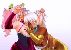 2girls 83rdart blonde_hair blush breast_sucking breasts catfight choker cleavage dark-skinned_female dark_skin dreadlocks dripping large_breasts licking licking_nipple multiple_girls nipple_stimulation nipples pink_hair ponytail saliva twintails wet wet_clothes yuri