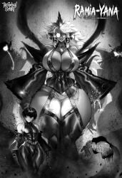 1boy 1girls abs artist_name big_breasts black_hair black_sclera cole_(ramia-yana) demon demon_girl female femboy giantess glasses greyscale height_difference hi_res horn huge_breasts huge_thighs human inner_sideboob long_hair looking_at_viewer male mole mole_under_mouth muscular muscular_femboy osumihime_(ramia-yana) pointy_ears ramia-yana round_glasses smaller_male smiling smiling_at_viewer taller_girl text thegoldensmurf thick_thighs white_hair wide_hips