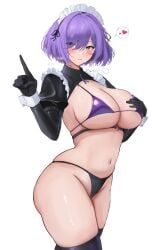 absurdres azur_lane bikini black_shrug blush breasts cleavage closed_mouth cowboy_shot female gloucester_(azur_lane) gloucester_(violet_enrapturement)_(azur_lane) hair_between_eyes hair_intakes heart highres index_finger_raised juliet_sleeves large_breasts latex latex_legwear long_sleeves looking_at_viewer navel official_alternate_costume puffy_sleeves purple_bikini short_hair shrug_(clothing) simple_background skindentation solo soul_(dp11) spoken_heart stomach sweat swimsuit thick_thighs thighs white_background white_wrist_cuffs wrist_cuffs