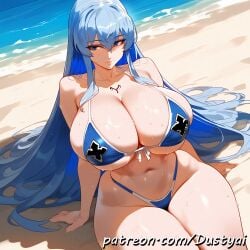 1girls aged_up ai_generated akame_ga_kill! beach big_breasts bikini bikini_top bikini_top_only breasts dusty_ai esdeath esdeath_(akame_ga_kill!) female female_focus huge_breasts light-skinned_female nude nude_female peace_sign smile smiling smiling_at_viewer