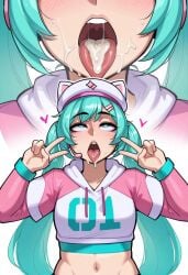 ahe_gao ai_generated altra_x aqua_eyes aqua_hair cap cat_hat cropped_hoodie cropped_shirt cum cum_on_face cum_on_tongue double_v epic_games fortnite hairclip hatsune_miku heart long_hair long_sleeves navel rolling_eyes tongue_out twintails