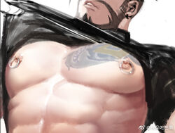 1boy abs bara beard blizzard_entertainment casual_hanzo facial_hair hanzo lowres male male_only muscle nipples overwatch pecs piercing shirt_lift solo solo_focus tattoo undressing yaoi