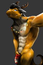 1boy 2017 anthro black_hair christmas digital_media_(artwork) dragon dynathecat hair holidays horn male male_only nude penis penis_grab scalie selfie simple_background solo tarkus_j._queen western_dragon yellow_skin