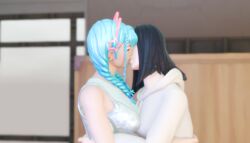 black_hair blue_hair charlotte_(fortnite) eye_closed female fortnite fortnite:_battle_royale human human_only katalina_(fortnite) kissing lesbian_kiss original_character original_characters room safe safe_for_work tanned_skin willsmiththeslappers