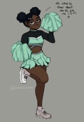 1girls 2020 afro_puffs artist_name black_hair cheerleader cheerleader_uniform dark-skinned_female dark_skin female kuma_(kumasncreme) kumasncreme midriff skirt solo solo_female