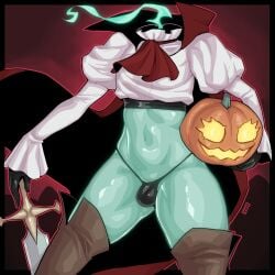 1boy bulge clothing dullahan green_skin halloween hi_res jack-o'-lantern loggus_doggus male male_only no_humans non-human non-human_only partially_clothed pumpkin solo sword thick_thighs thong