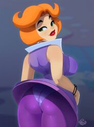 1girls 2024 ass female female_only green_eyes hi_res jane_jetson looking_at_viewer looking_back looking_back_at_viewer milf orange_hair panties_under_pantyhose pantyhose purple_pantyhose rear_view red_lipstick solo the_jetsons thick_ass thick_thighs tovio_rogers