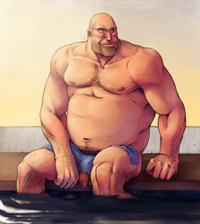 1boy 2d bald bara big_penis body_hair chad heavy_(team_fortress_2) heavy_weapons_guy human human_male human_only male male_focus male_only nipples penis sitting solo team_fortress_2 topless water yang yangpuppy