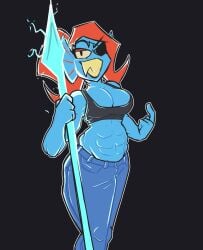 abs alternate_version_available big_breasts blue_skin eddy_spugeddy exposed_stomach eyepatch jeans red_hair sharp_teeth spear tagme undertale undyne