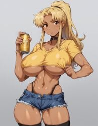 1girls ai_generated beer blonde_hair breasts brown_eyes choker covered_nipples dark-skinned_female denim_shorts goonedoutp3rv gyaru holding_can huge_breasts kunaboto_(style) long_hair looking_at_viewer misato_katsuragi neon_genesis_evangelion ponytail shirt shirt_pull simple_background skin_tight solo thigh_gap thighhighs thighs yellow_shirt