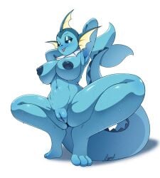 2024 3_toes absurd_res anthro anthrofied areola bedroom_eyes big_breasts black_eyebrows blep blue_body blue_nose blue_sclera bodily_fluids breasts crouching digital_media_(artwork) eeveelution eyebrows eyelashes feet female female_anthro fin frill_(anatomy) front_view generation_1_pokemon genital_fluids genitals half-closed_eyes hands_behind_head head_crest head_fin head_frill hi_res looking_at_viewer narrowed_eyes navel neck_frill nintendo nipples non-human_areolae nude nude_anthro nude_female pink_tongue pokemon pokemon_(species) pokemorph pose pussy seductive signature simple_background smile solo spread_legs spreading tail tail_fin tail_spines thick_thighs toes tongue tongue_out vaginal_fluids vaporeon vontornado123 wet white_background white_eyes