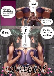 alternate_breast_size attack big_ass big_breasts black_hair brown_skin brown_skinned_female clothes dark_green_eyes eyes face_in_breasts female femdom guard koaralvbb male marine miss_all_sunday mockery nico_robin one_piece sarcasm sensual skin smile squeeze squeezing squeezing_breast squeezing_breasts_together suffocating suffocation suprised