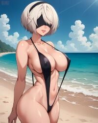 ai_generated android_girl athletic_female bare_legs beach big_breasts blindfold eroero_waifus huge_breasts huge_thighs light-skinned_female light_skin massive_breasts nier:_automata short_hair sling_bikini slingshot_swimsuit smiling solo_female squatting sweat sweatdrop thick_thighs thighs voluptuous voluptuous_female white_hair yorha_2b