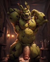 ai_generated anthro biceps black_sclera bodily_fluids detailed_background gay genital_fluids genitals hands_behind_head kuranoidss leaking leaking_precum lights looking_at_viewer male male_only muscular_male nipples penis precum presenting rabbit sharp_teeth smile solo solo_focus springtrap_(fnaf) standing tetth thick_penis vein veiny_penis yellow_body