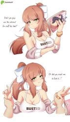 angry_expression big_breasts bow breasts cleavage doki_doki_literature_club girlfriend green_eyes hair_ornament long_hair magazine monika_(doki_doki_literature_club) ponytail raionart tank_top wholesome_end wrist_grab