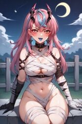 1girls ai_generated blush breasts halloween halloween_costume i_generated latam_virtual_youtuber long_hair looking_at_viewer multicolored_hair mummy mummy_costume night outdoors pink_hair sky_blue_hair solo_female tagme thighs tupadrev4 virtual_youtuber vtuber