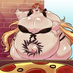 1female 1girls bbw belly_overhang bikini double_chin exposed_fat_belly fat fat_female fat_girl fat_woman female female_only genshin_impact hand_on_wall hoyoverse huge_belly huge_breasts light-skinned_female light_skin mavuika_(genshin_impact) mihoyo mihoyo_technology_(shanghai)_co._ltd. natlan_girls obese obese_female overweight overweight_female pandoracoffe pizza solo ssbbw tattoo weight_gain