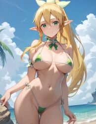 1girls abdomen ai_generated beach_background bikini blonde_hair breasts elf elf_ears elf_female female green_eyes hi_res kirigaya_suguha leafa navel ponytail ribbon sasamaro smile solo sweatdrop sword_art_online teenager