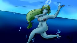 air_bubbles barefoot blonde_hair braided_hair breasts completely_nude completely_nude_female drowning female female_only fire_emblem fire_emblem_heroes green_eyes holding_breath ice large_breasts long_hair megagman navel nipples nude nude_female sharena_(fire_emblem) skinny_dipping solo swimming underwater